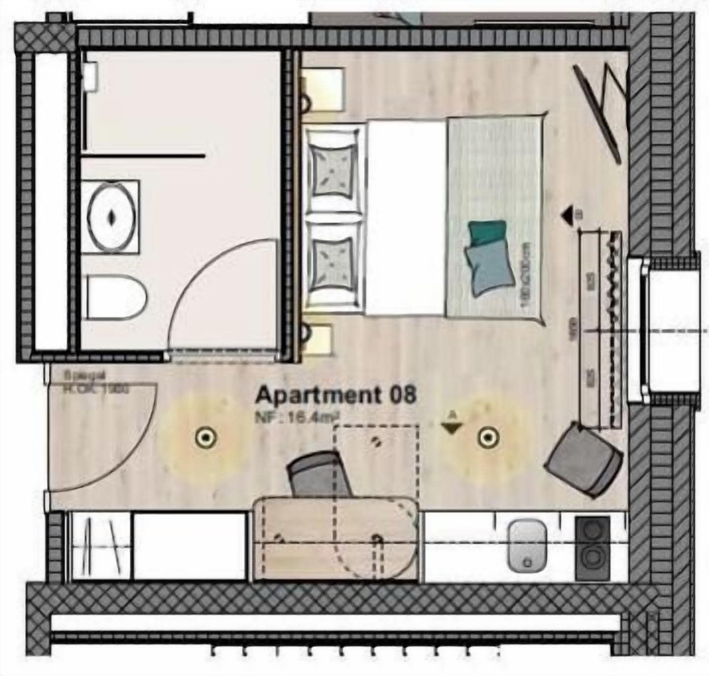 A floor plan of Apartment 08 with a bathroom, kitchenette, and a living area.