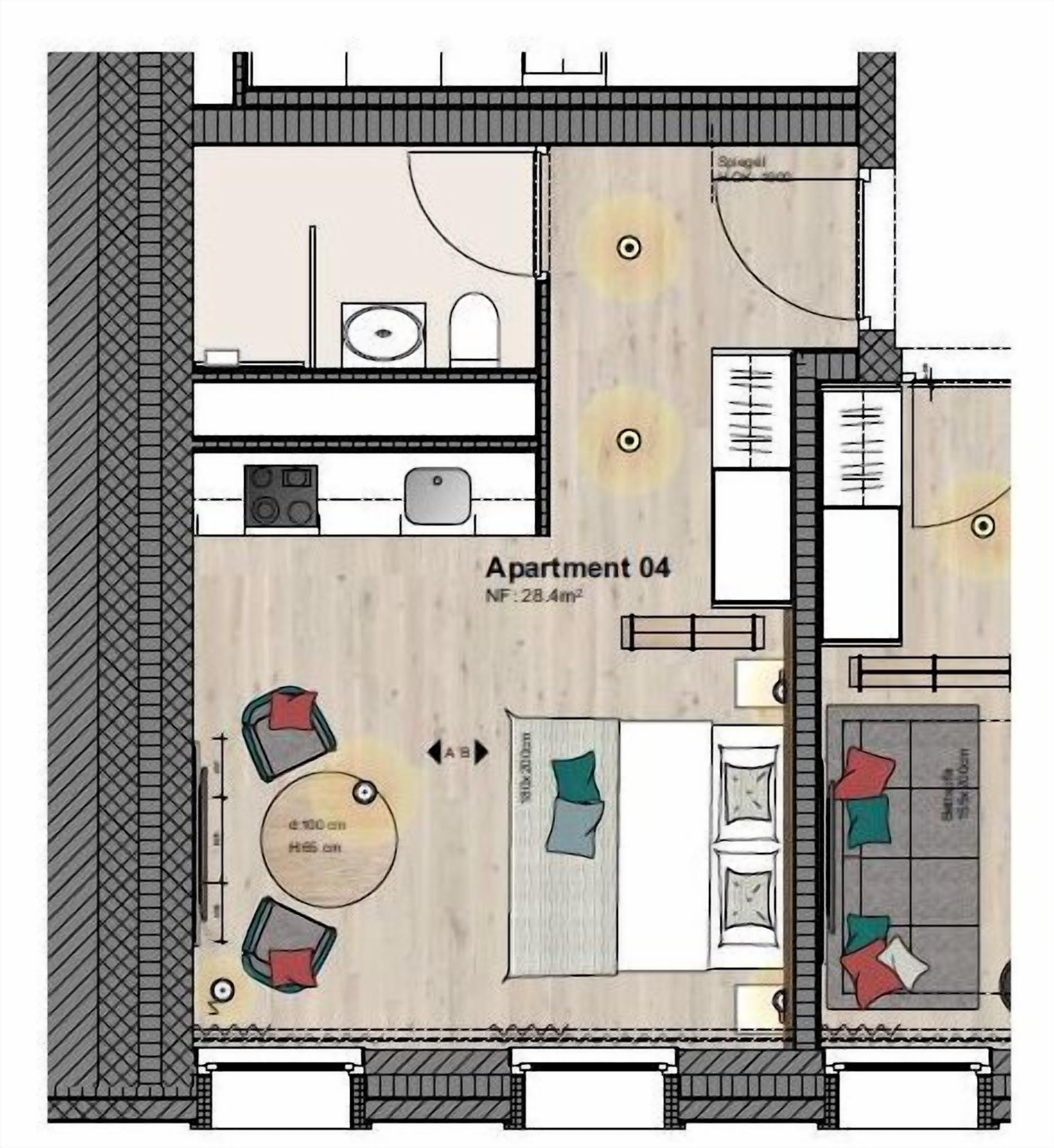 A floor plan of Apartment 04 with a kitchen, dining area, and two bedrooms.