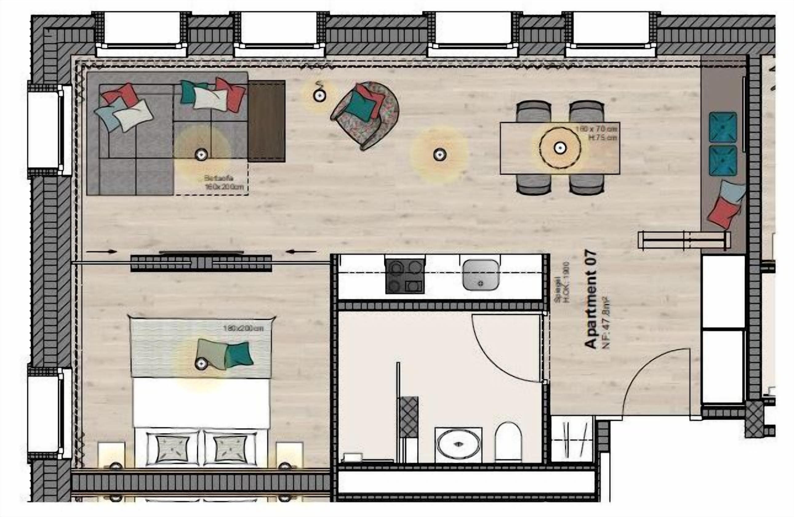 A floor plan of a hotel room with a bed, a desk, a chair, a sofa, and a small bathroom.