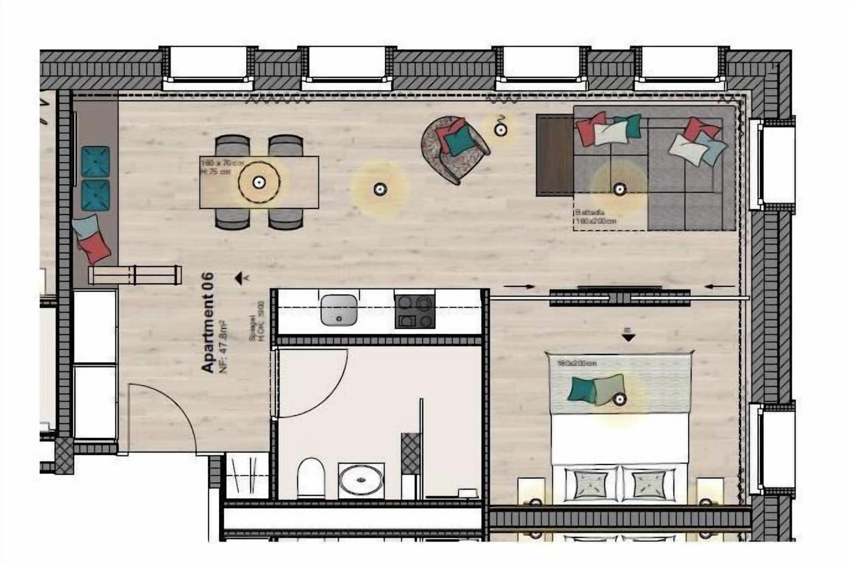 A hotel room layout with a dining area, a living room, and a bedroom.