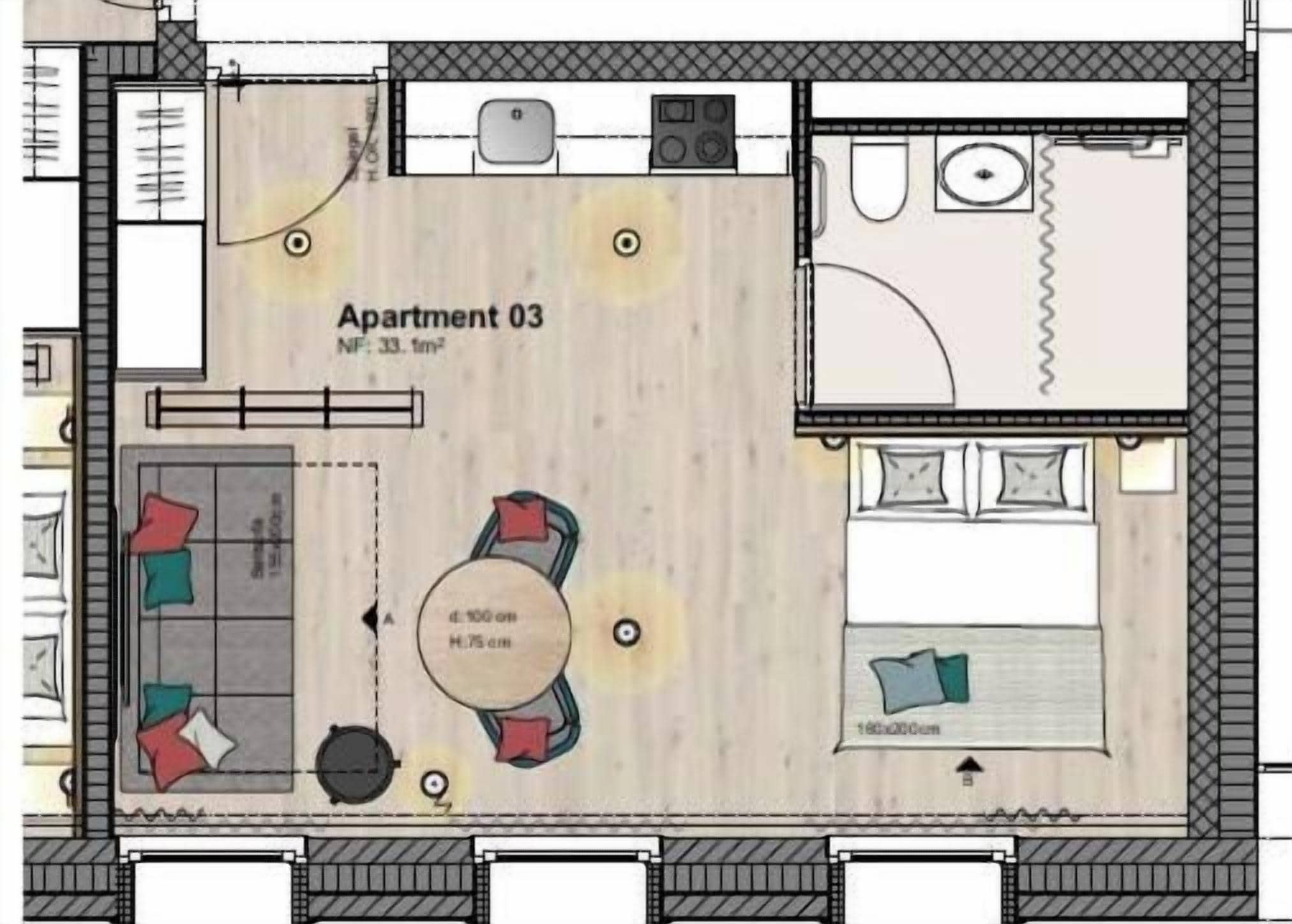 Un plan d’étage d’un appartement comprenant un espace de vie, une cuisine et une salle de bain.