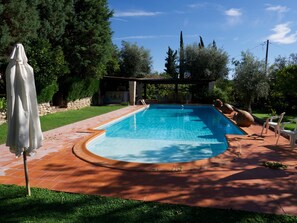 A rectangular swimming pool with a curved edge, surrounded by a brick patio. There are lounge chairs and a covered seating area in the background. - Casa dos Arrábidos (Torres Novas)