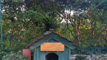 Una caseta para perro pequeña y rústica con techo inclinado y puerta de madera, rodeada de follaje y un muro de piedra.