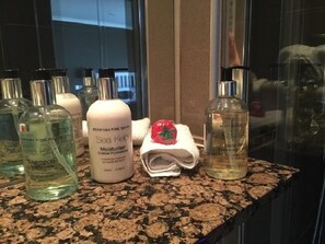 Habitación doble | Servicios del cuarto de baño | Ducha, artículos de higiene personal gratuitos y secador de pelo