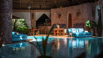 Outdoor pool, pool umbrellas, pool loungers