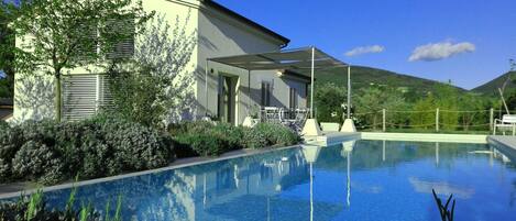 Seasonal outdoor pool, pool umbrellas, sun loungers