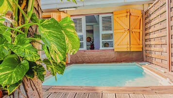 Piscina con muelle de madera, rodeada por un muro de ladrillo y una cerca de madera.