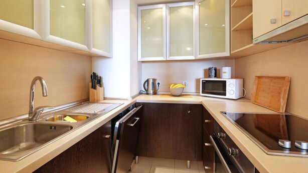 A modern kitchen with a stainless steel sink, a microwave, and a built-in oven. - Apartment Bella Art (Belgrade)