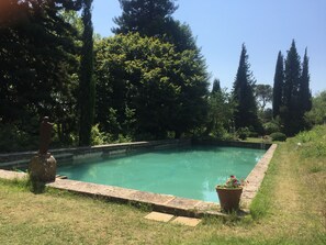 Seasonal outdoor pool, open 9:00 AM to 7:00 PM, sun loungers