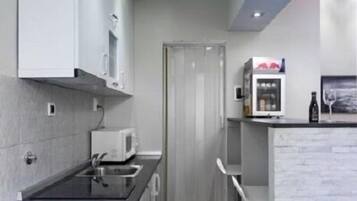 Deluxe-studio | Yksityinen keittiö | Jääkaappi, mikroaaltouuni, liesi, kahvin-/teenkeitin