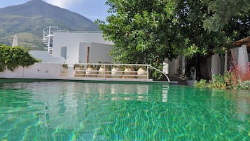Seasonal outdoor pool, pool umbrellas, sun loungers