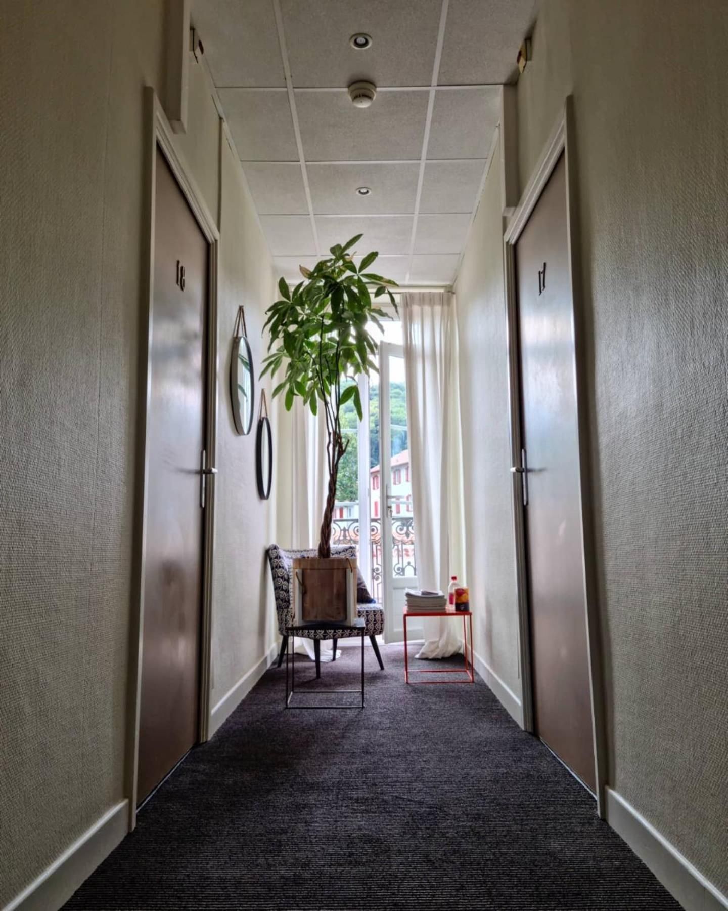Un couloir d'hôtel avec un sol recouvert de moquette, une plante en pot, une chaise et une petite table sur laquelle sont posés divers objets.