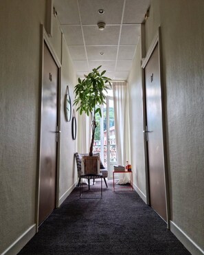A hotel hallway with a carpeted floor, a potted plant, a chair, and a small table with items on it. - Hôtel Argia (Hasparren)