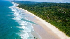 An aerial view of a beach with a long stretch of sandy shore, surrounded by dense green forest and hills in the background. - Txai Resort casa 10 (Itacaré)