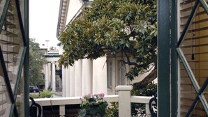 A covered outdoor area with a table and chairs, a potted plant, and a view of a building with columns. - Foley House Inn (Savannah)