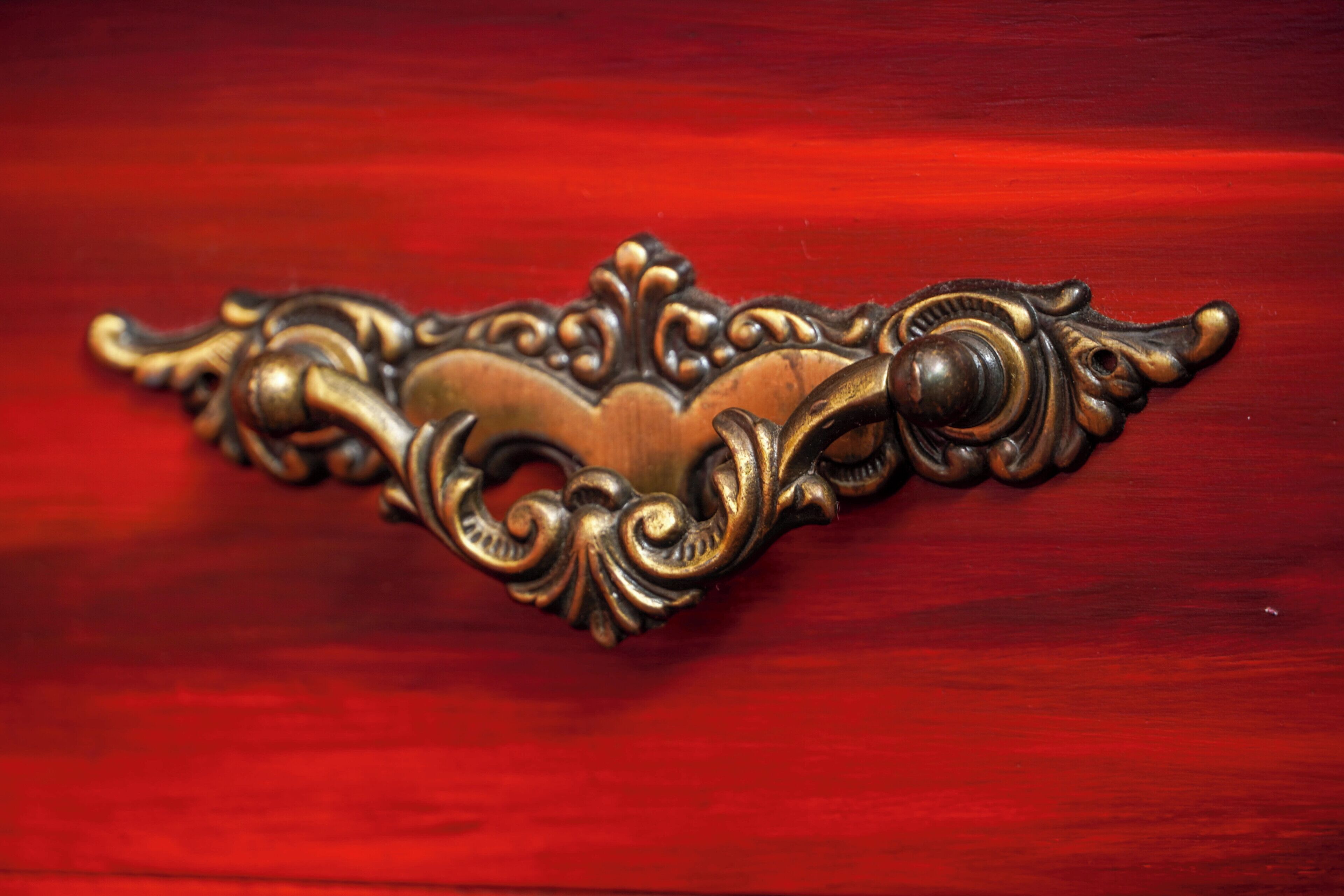 A brass door handle with an ornate design on a wooden door.