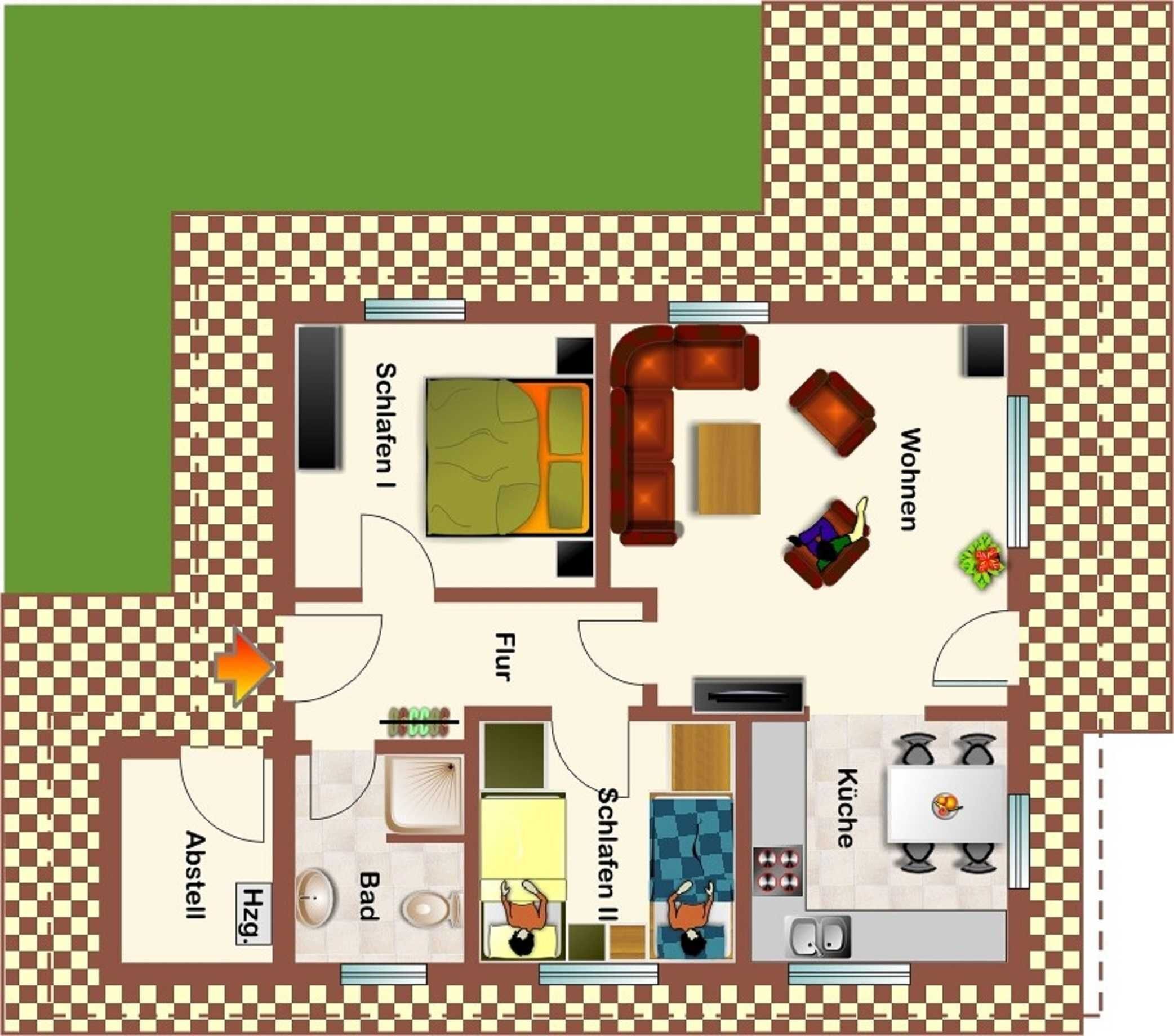 A floor plan of a hotel with a living room, kitchen, bathroom, and two bedrooms.