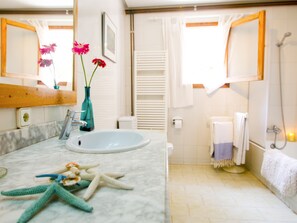 Combined shower/bathtub, hair dryer, bidet, towels