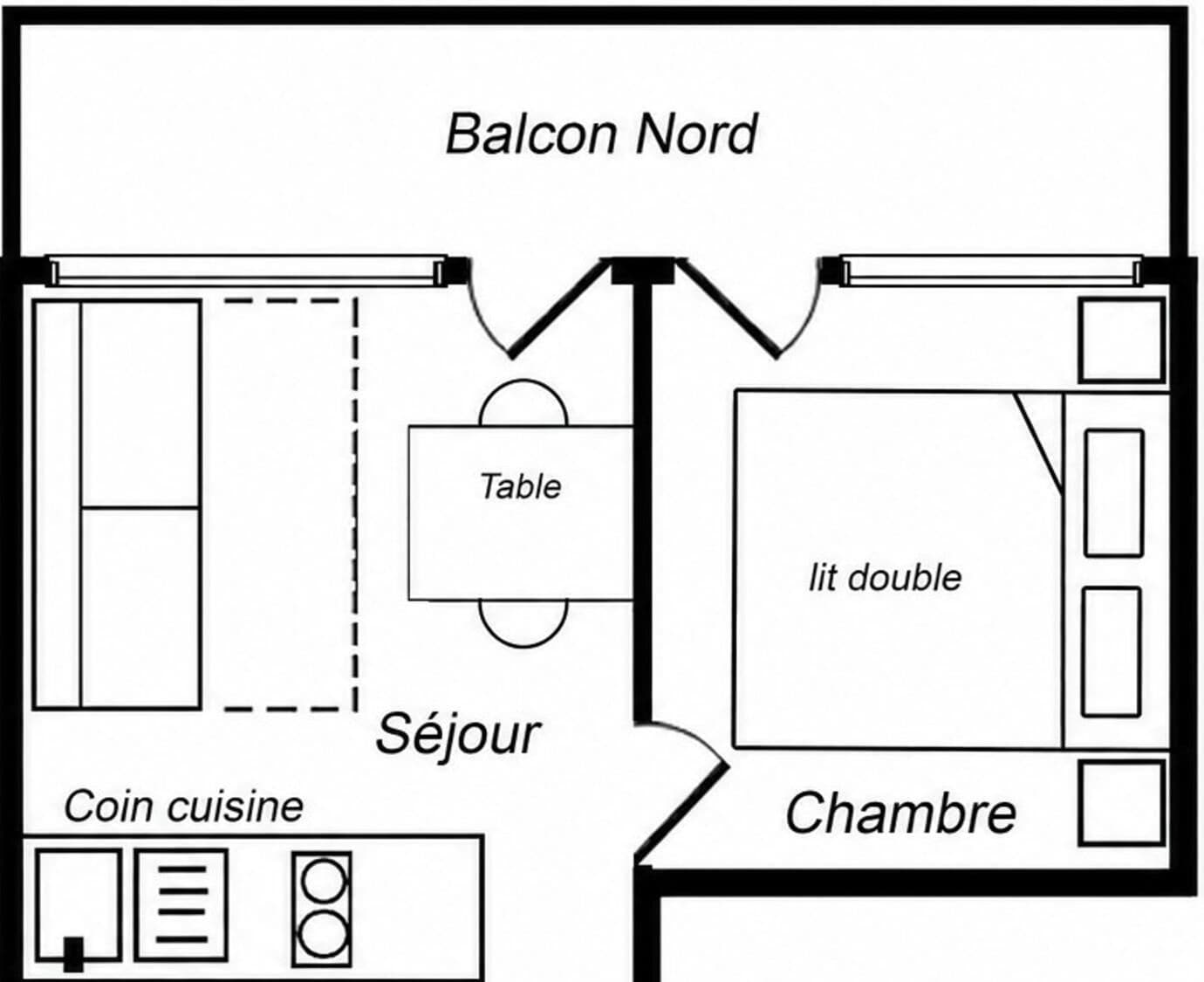 A hotel room layout with a balcony, a sitting area, a dining area, and a bedroom.