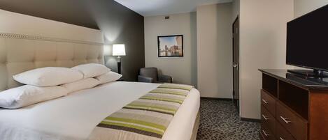 A hotel room with a large bed, a television, a desk, and a chair.