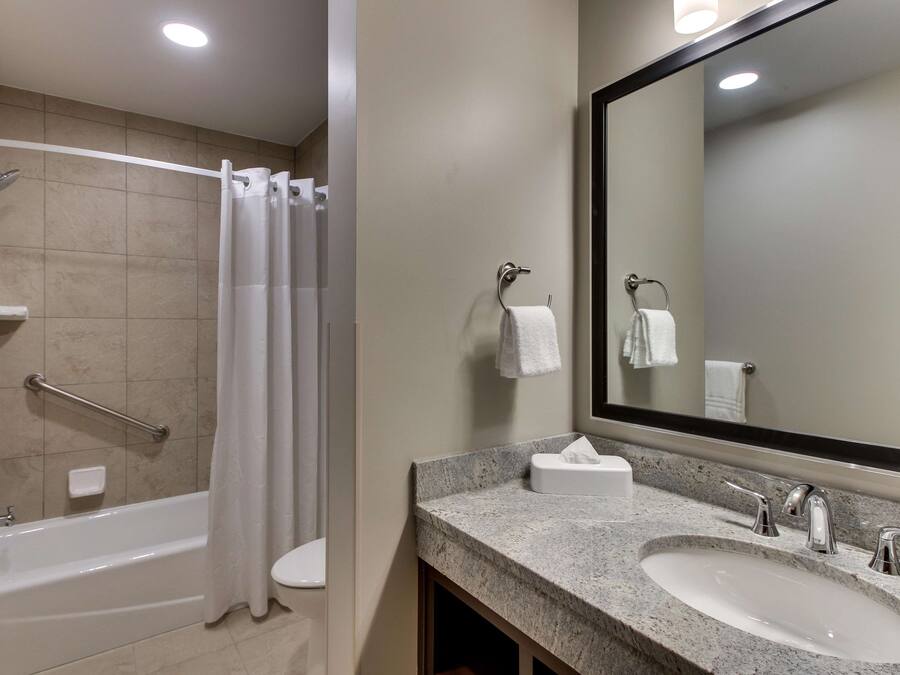 A bathroom with a bathtub, a shower, a sink, and a large mirror.