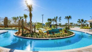 A clear blue pool with a 3 ft depth marker, surrounded by palm trees and a wooden deck.