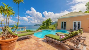 Ein Poolbereich mit Liegestühlen, einer Topfpflanze und Blick auf das Meer.
