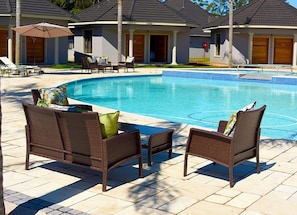 Outdoor pool, pool umbrellas, pool loungers