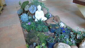 A garden area with a Buddha statue surrounded by various plants and rocks. - Wonderful house with 5 suites in Barra do Sahy. (Praia Barra do Sahy)