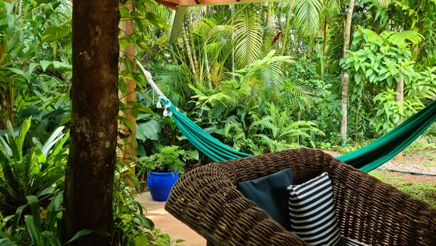 A hammock chair with a cushion and a blue pot in a lush garden setting. - Wonderful house with 5 suites in Barra do Sahy. (Praia Barra do Sahy)