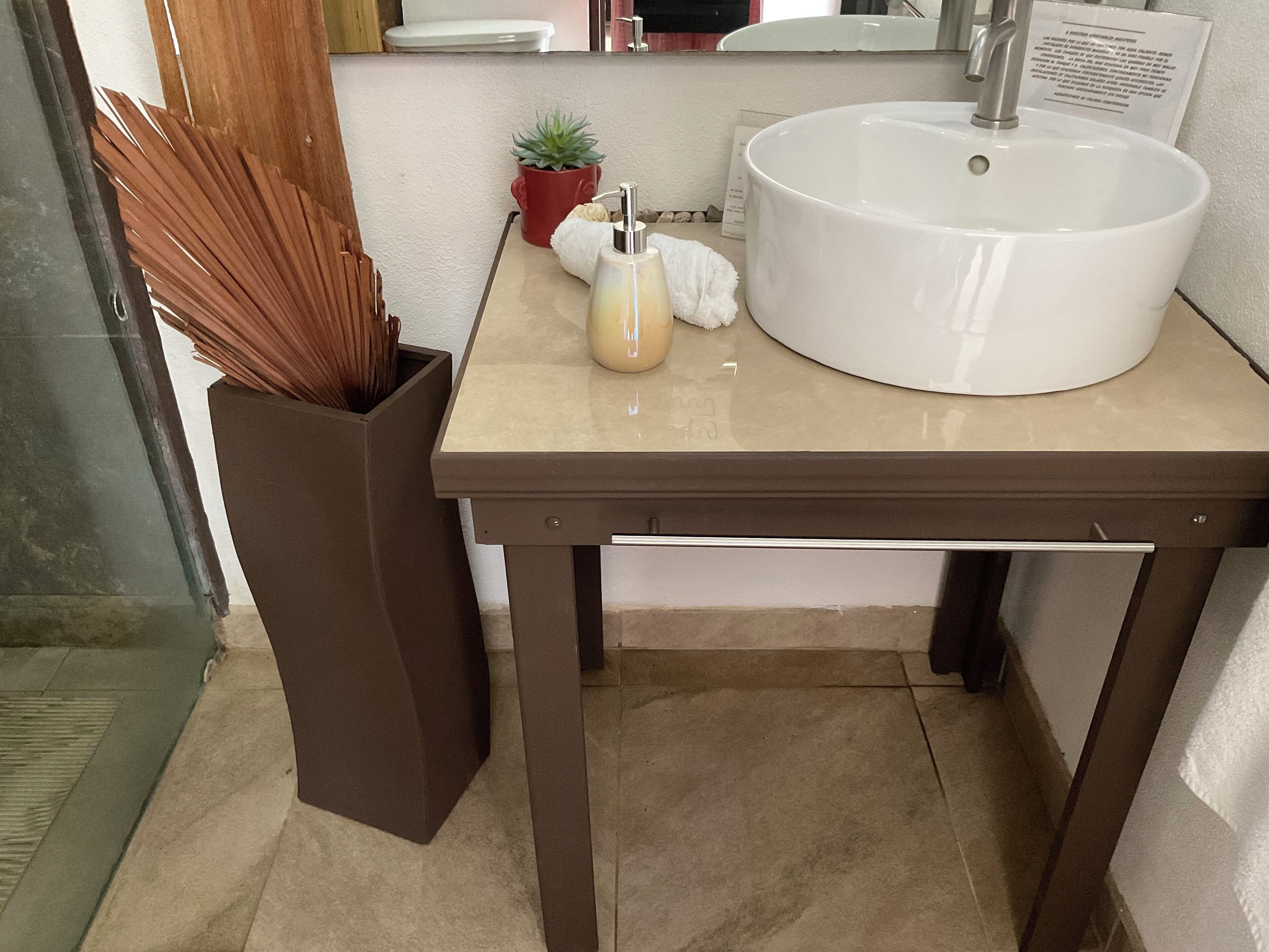 A bathroom with a white sink, a small potted plant, and a bottle of lotion on a beige countertop.