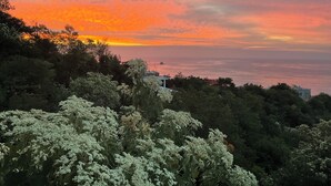 A coastal landscape with dense foliage and a sunset over the ocean. - Casa Qi Mazunte (Santa María Tonameca)