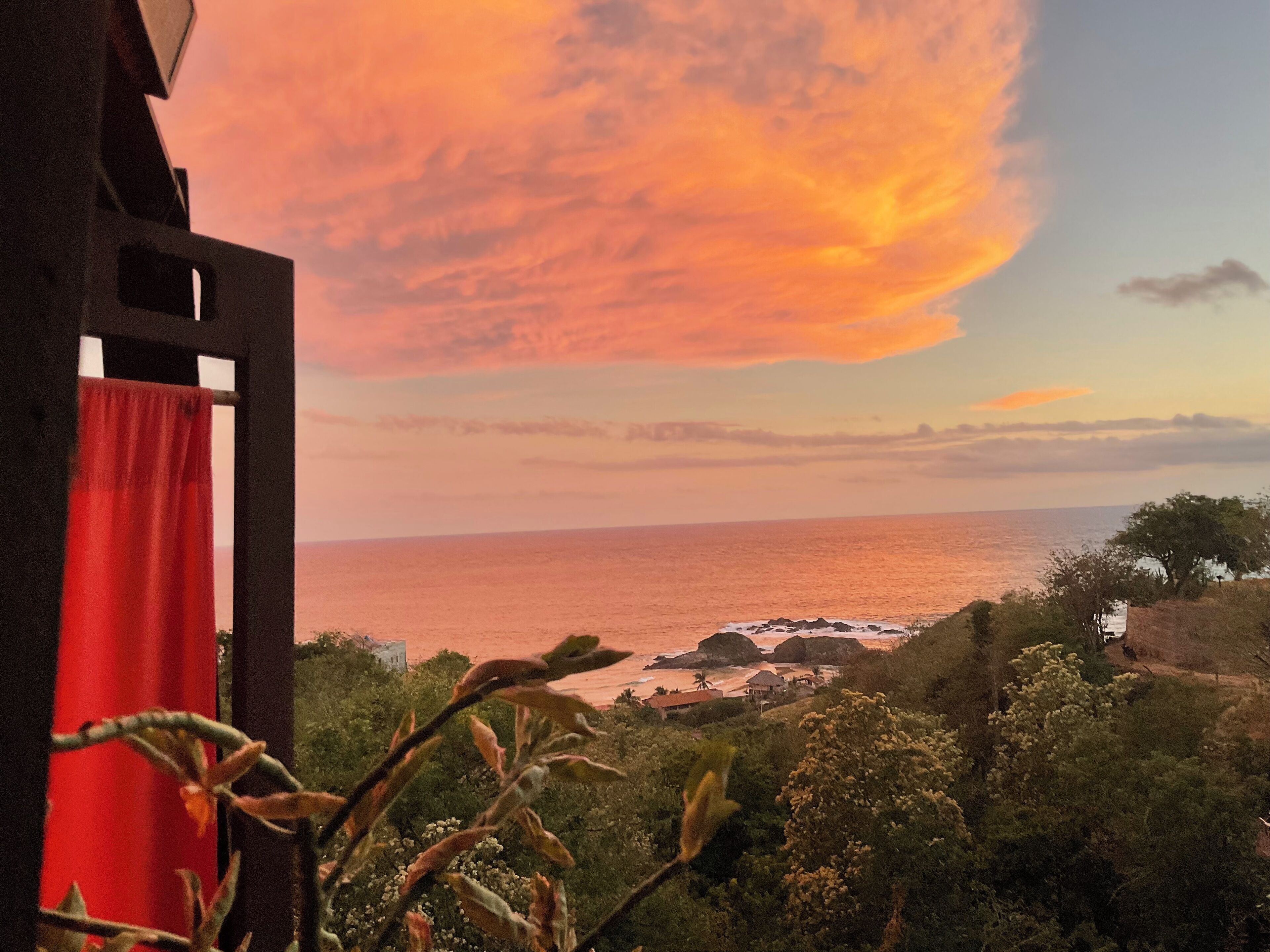 A coastal view with a sunset, rocky shoreline, and vegetation.