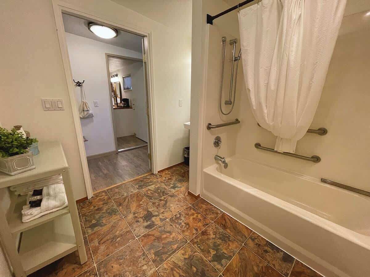 Combined shower/tub, hair dryer