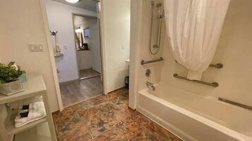 Combined shower/tub, hair dryer