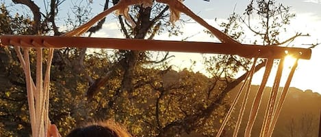 A hammock swing with a person seated, overlooking a tree-lined area with a clear sky.