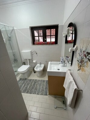 Combined shower/tub, hair dryer, bidet, towels