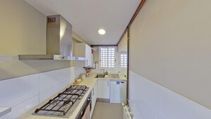 Una cocina estrecha con estufa a gas, pileta y lavavajillas.