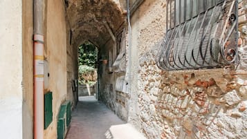 Un stretto vicolo con pareti in pietra, una ringhiera metallica a destra e una porta verde a sinistra.