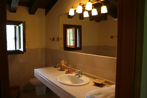 A bathroom with a sink, mirror, and window.