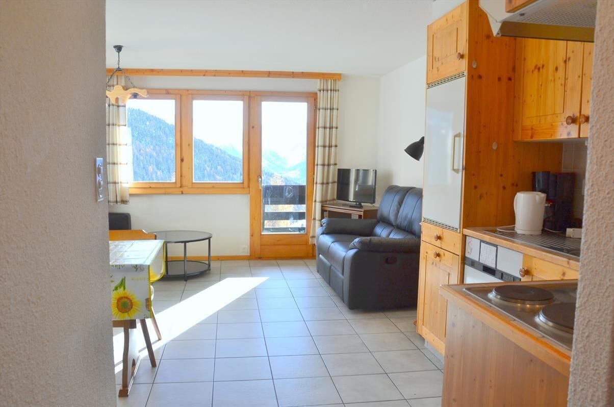 A cozy living room with a sofa, a TV, and a kitchen area with wooden cabinets.