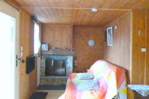 Cozy room with a stone fireplace, television, and comfortable bed.