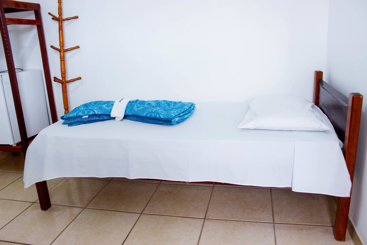 A single bed with a white sheet and two blue pillows, a wooden headboard, and a wooden ladder against the wall.