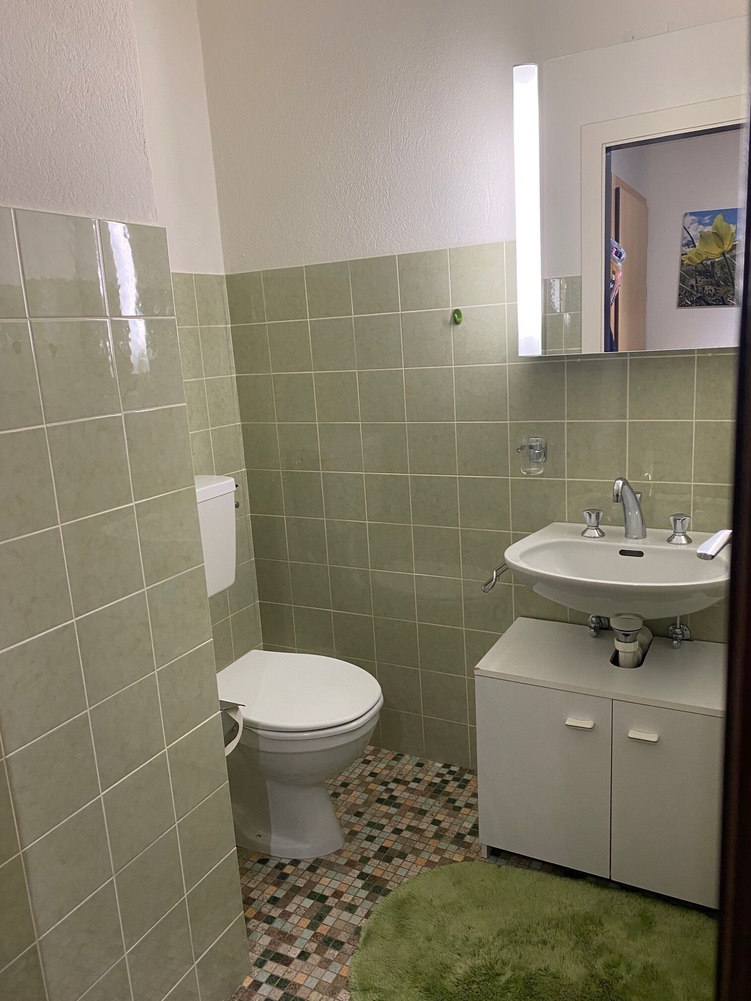 Un baño con azulejos verdes, un inodoro blanco, un lavabo con espejo y una alfombra verde pequeña.