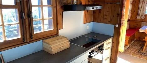 A compact kitchen with wooden walls, a built-in stove, and a window with blinds.