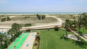 Vista frente a la playa con una cancha de shuffleboard verde, palmeras y una vista despejada del océano.