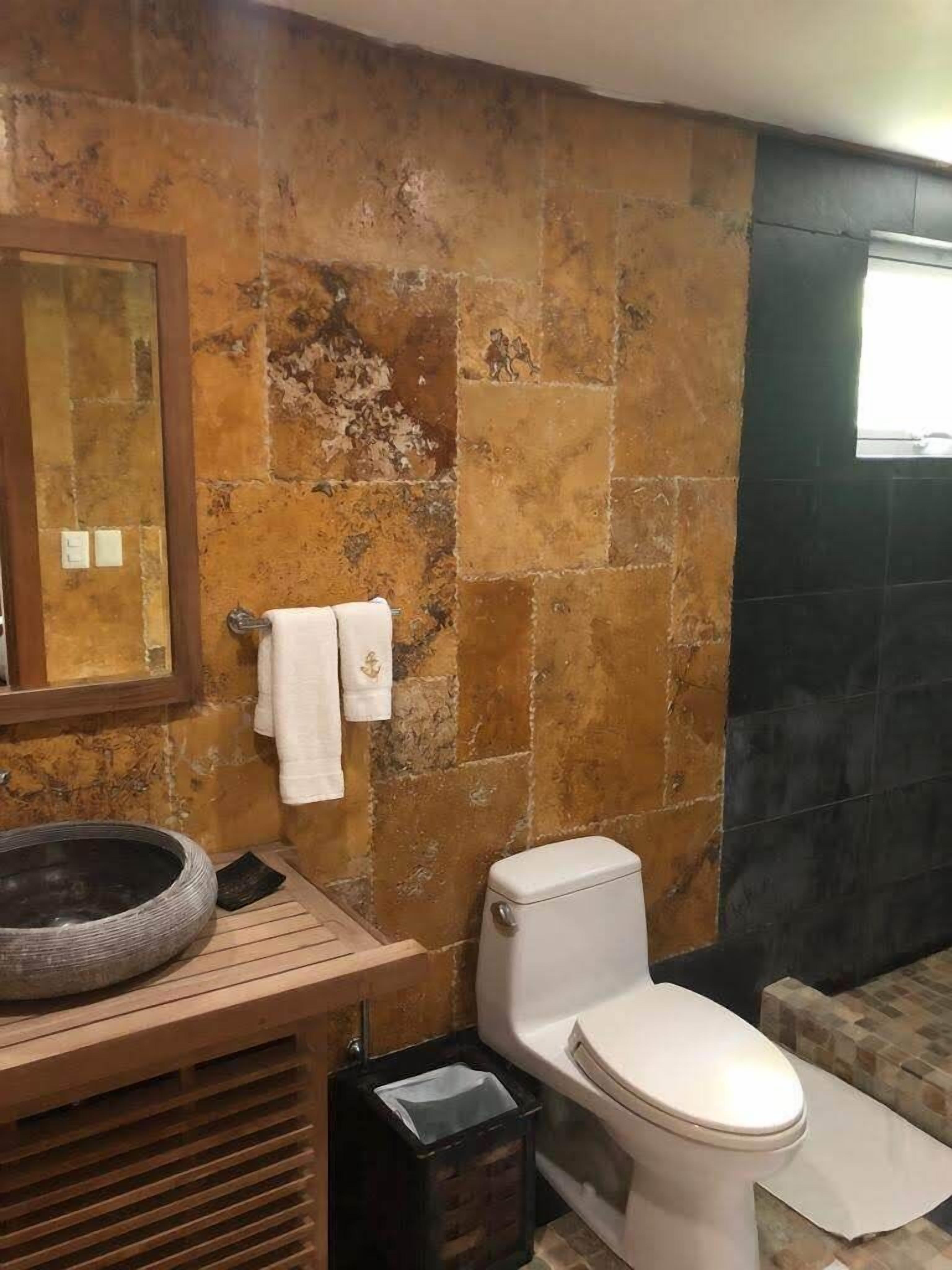 Une salle de bain avec un mur en pierre, un lavabo rond, des toilettes et une petite fenêtre.