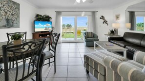 TV, DVD player, ping pong, books