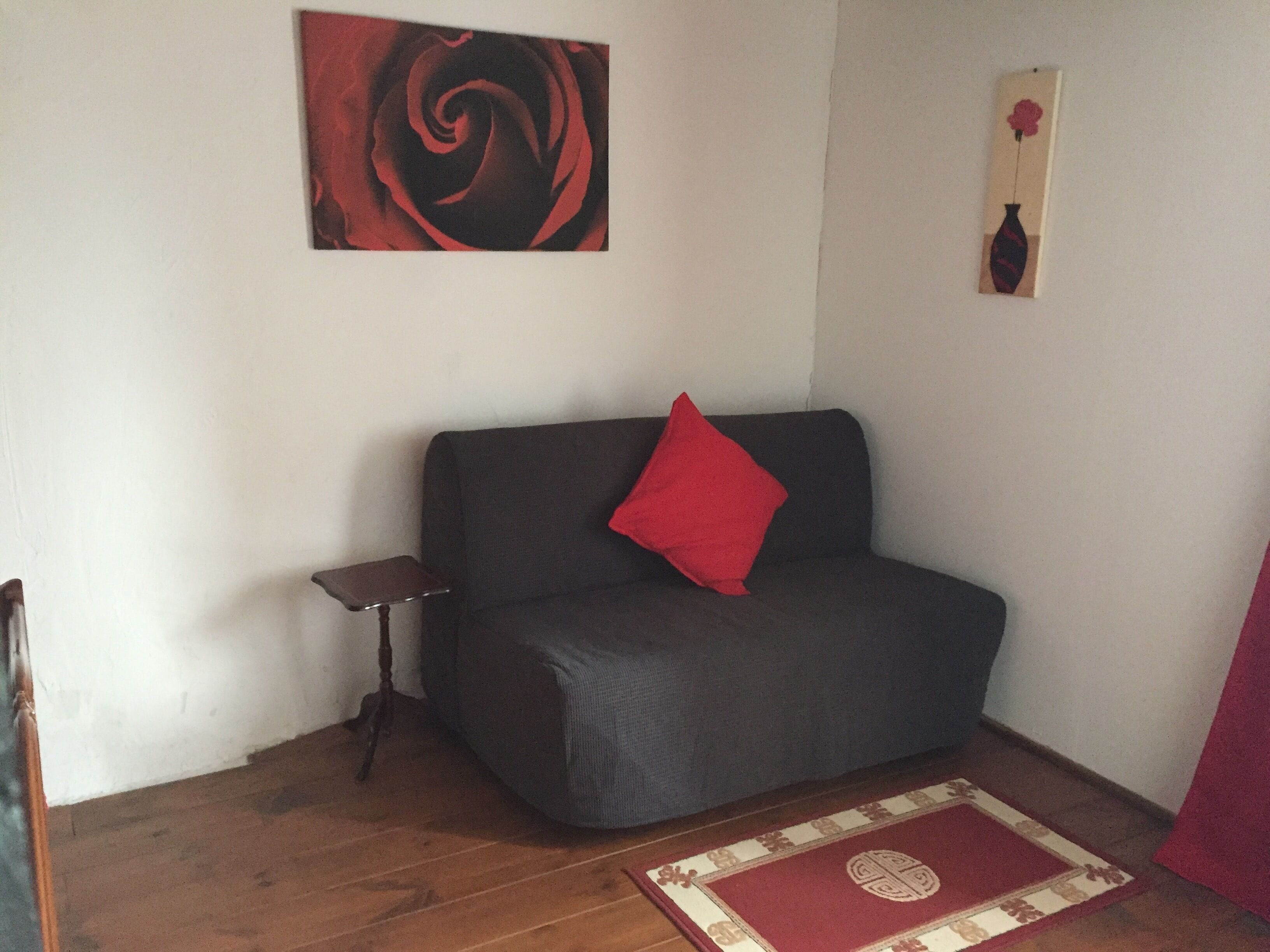 Un sofá pequeño de color oscuro con un cojín rojo frente a una pared blanca, una pequeña mesa de madera y un tapete rojo y beige sobre un piso de madera.