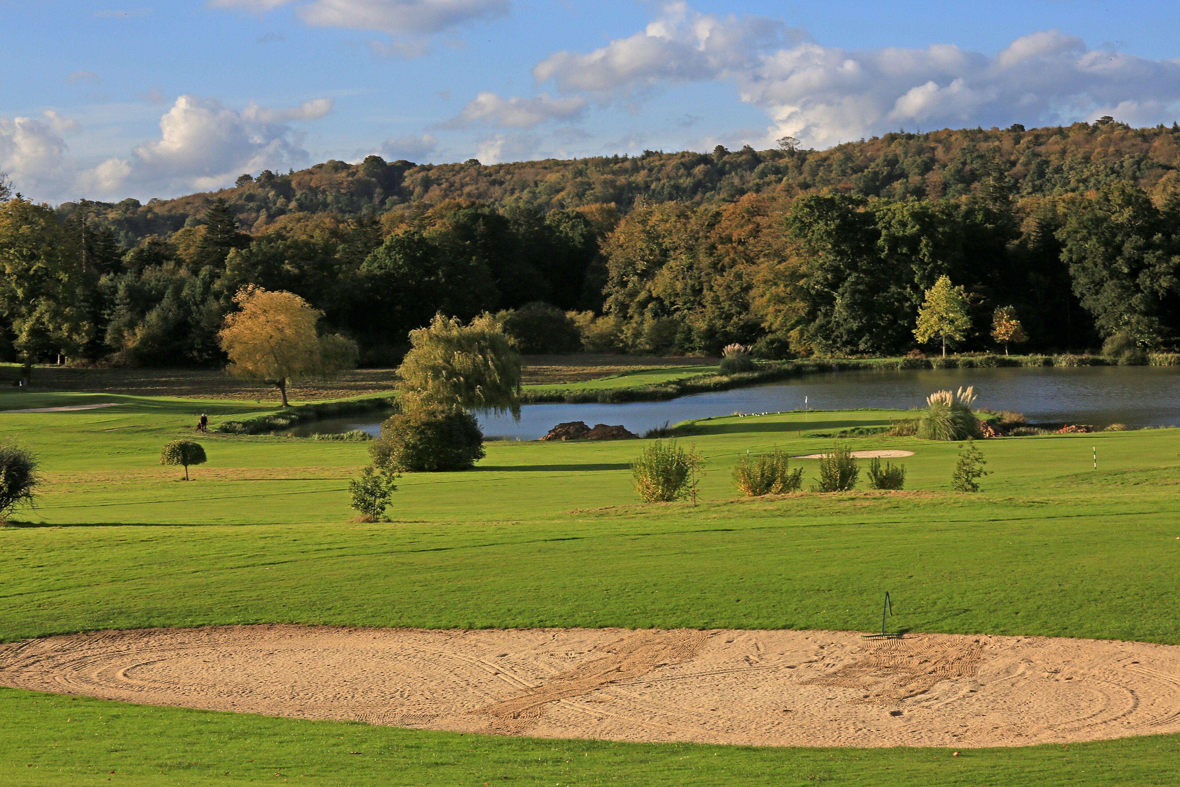 A golf course with a lake, trees, and a forested hill in the background.